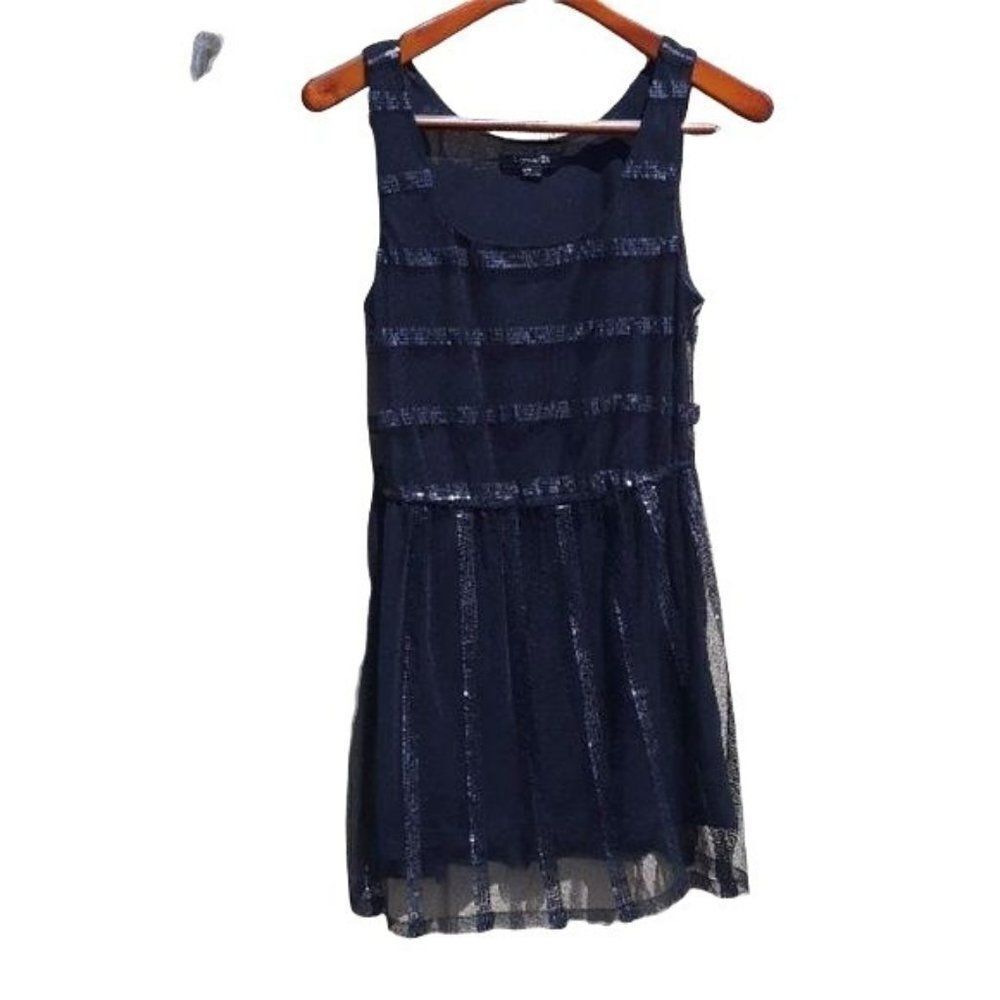Forever 21 Dress Sheer Netted Sequin Striped Flapper Glam‎ Mini Skater Black M